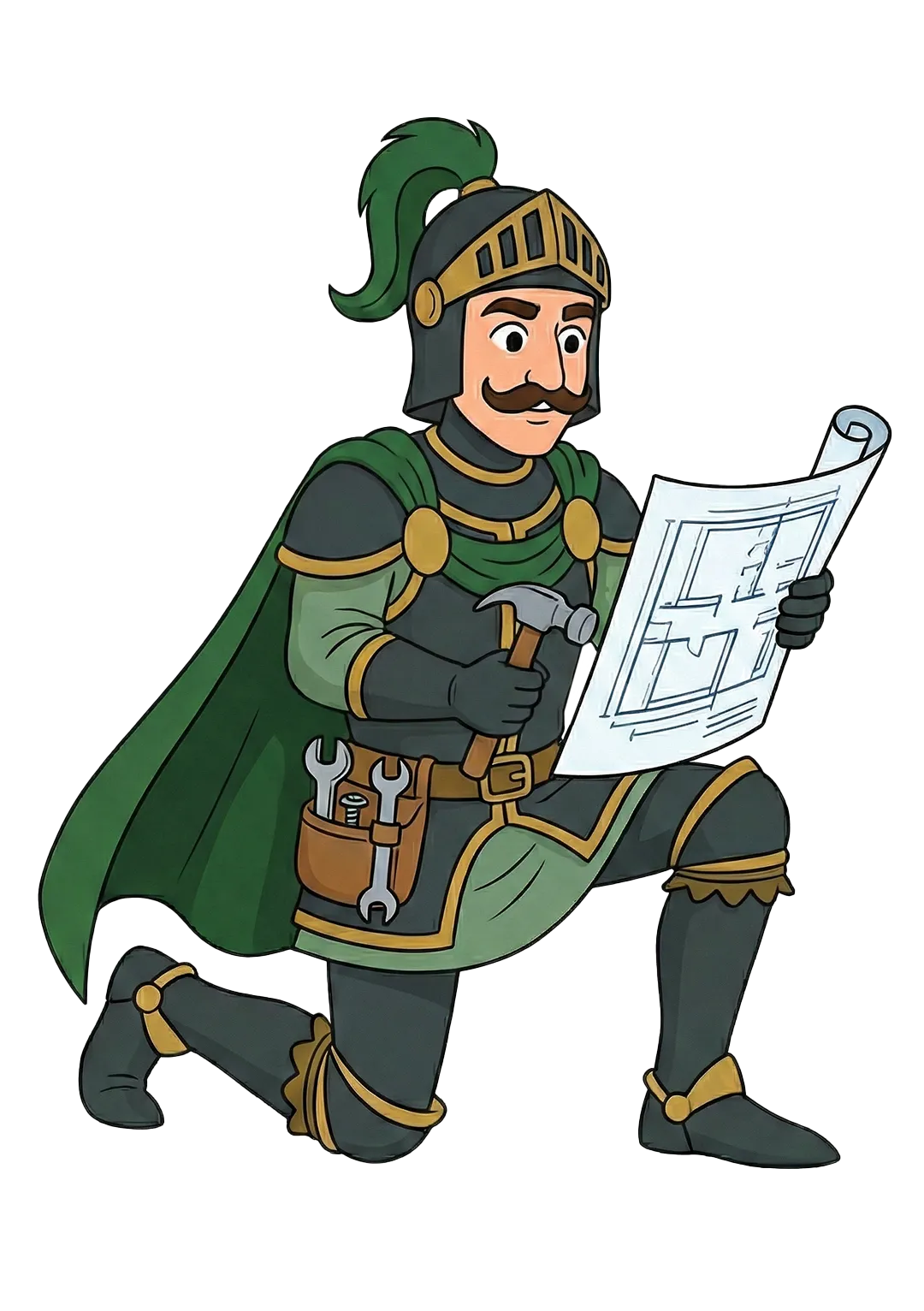 Cartoon-Ritter studiert Baupläne.